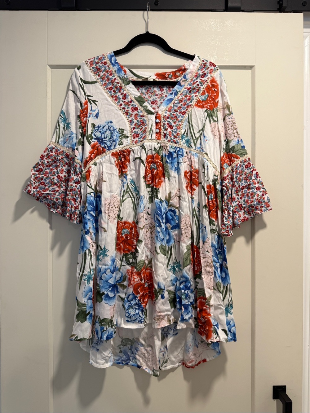 Umgee White Floral Mini Dress with Red & Blue Blooms and Pink Accents